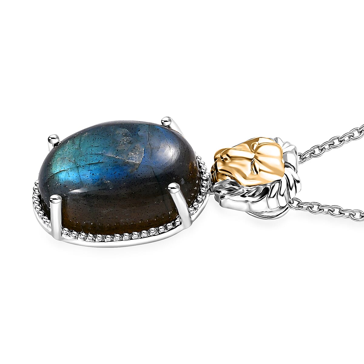 Karis Malagasy Labradorite 15.35 ctw Lion Pendant in 18K YG Plated and Platinum Bond With Stainless Steel Necklace 20 Inches
