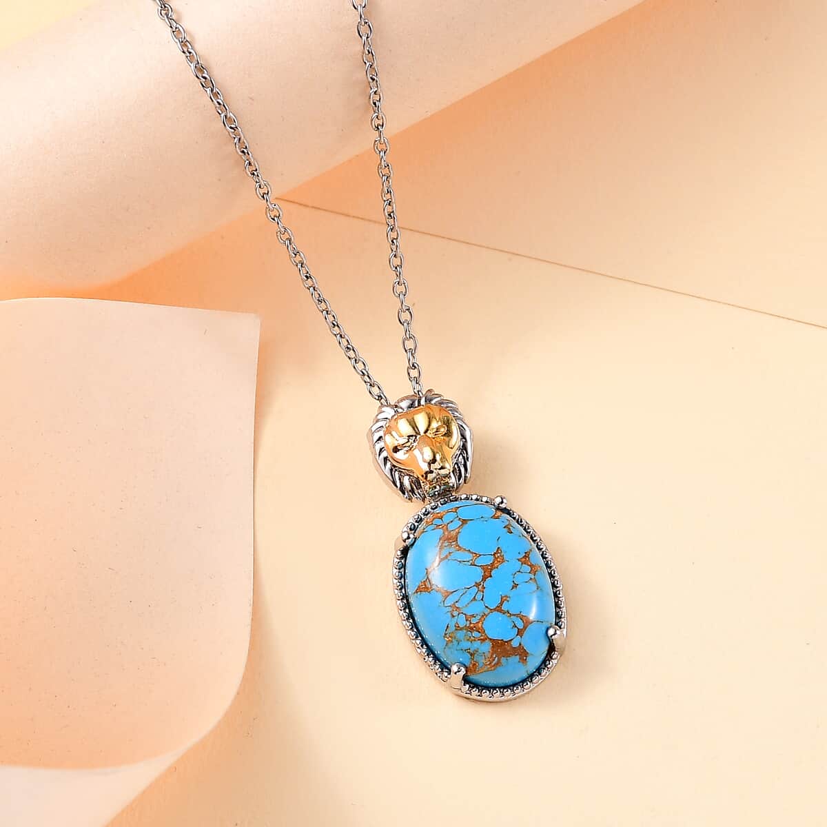 Mojave Blue Turquoise Pendant Necklace (20 Inches) in ION Plated YG and Stainless Steel 9.30 ctw image number 1