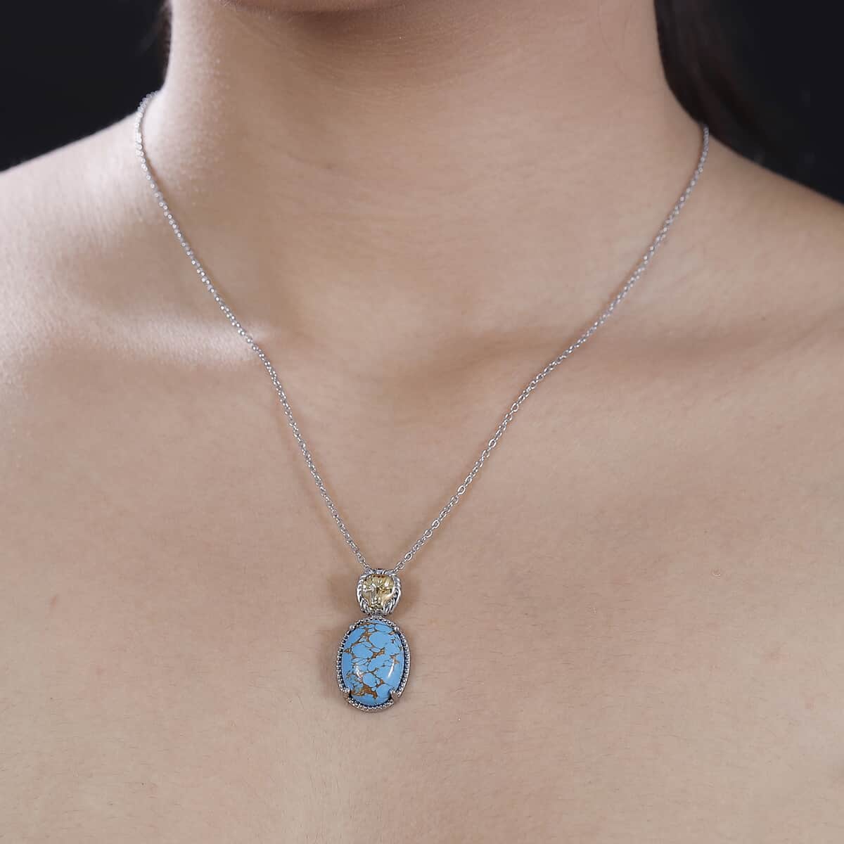 Mojave Blue Turquoise Pendant Necklace (20 Inches) in ION Plated YG and Stainless Steel 9.30 ctw image number 2