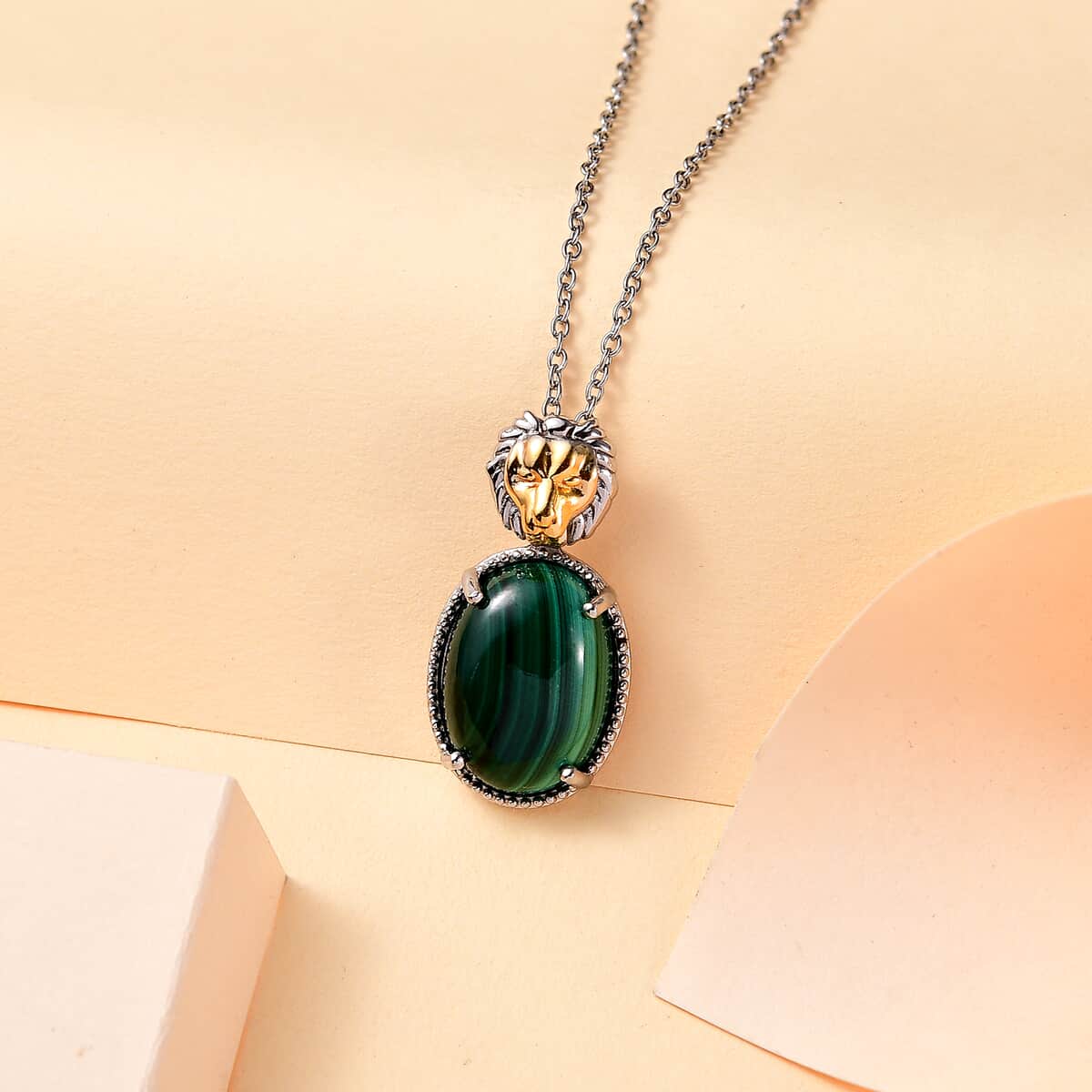 Karis African Malachite 14.50 ctw Pendant Necklace 20 Inches in 18K YG Plated and Platinum Bond with Stainless Steel image number 1