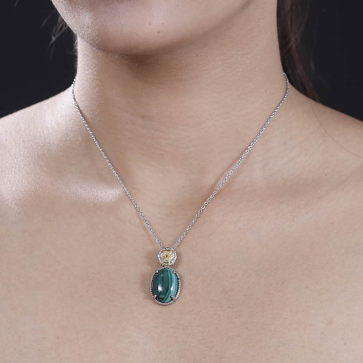 Karis African Malachite 14.50 ctw Pendant Necklace 20 Inches in 18K YG Plated and Platinum Bond with Stainless Steel image number 2