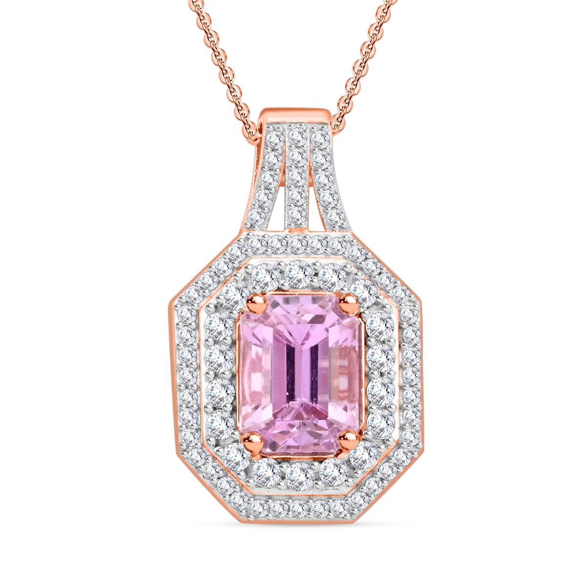 AAA Patroke Kunzite and Moissanite Cocktail Pendant Necklace 20 Inches in 18K Vermeil Rose Gold Over Sterling Silver 5.50 ctw image number 0