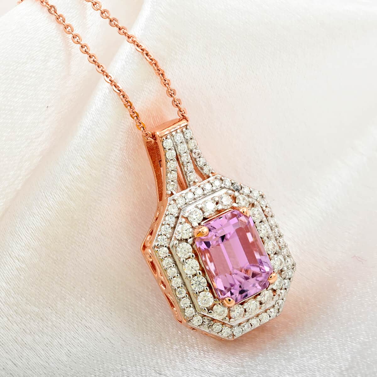 AAA Patroke Kunzite and Moissanite Cocktail Pendant Necklace 20 Inches in 18K Vermeil Rose Gold Over Sterling Silver 5.50 ctw image number 1