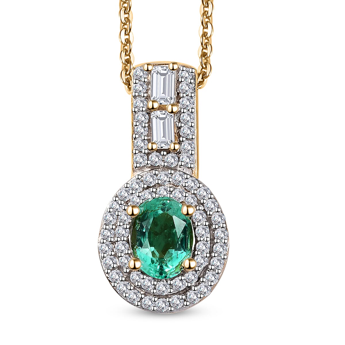 Boyaca Colombian Emerald and White Zircon 1.00 ctw Art and Deco Pendant Necklace in 18K Vermeil Yellow Gold Over Sterling Silver 20 Inches image number 0
