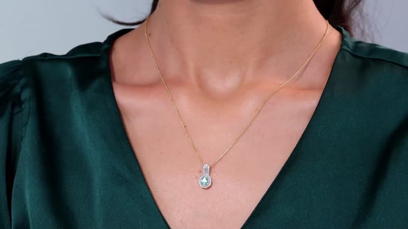 Boyaca Colombian Emerald and White Zircon 1.00 ctw Art and Deco Pendant Necklace in 18K Vermeil Yellow Gold Over Sterling Silver 20 Inches
