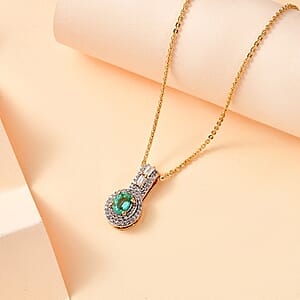 Boyaca Colombian Emerald and White Zircon 1.00 ctw Art and Deco Pendant Necklace in 18K Vermeil Yellow Gold Over Sterling Silver 20 Inches