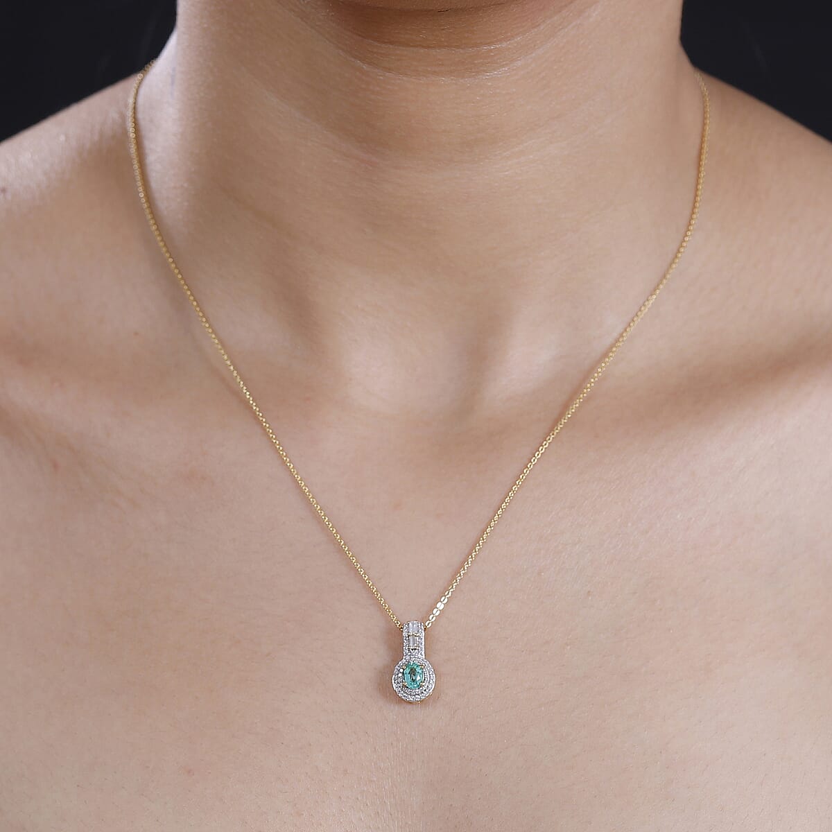 Boyaca Colombian Emerald and White Zircon 1.00 ctw Art and Deco Pendant Necklace in 18K Vermeil Yellow Gold Over Sterling Silver 20 Inches image number 2