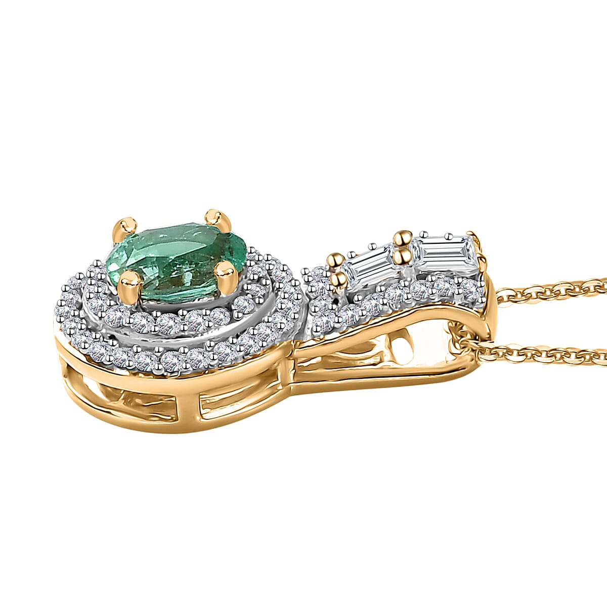 Boyaca Colombian Emerald and White Zircon 1.00 ctw Art and Deco Pendant Necklace in 18K Vermeil Yellow Gold Over Sterling Silver 20 Inches image number 3