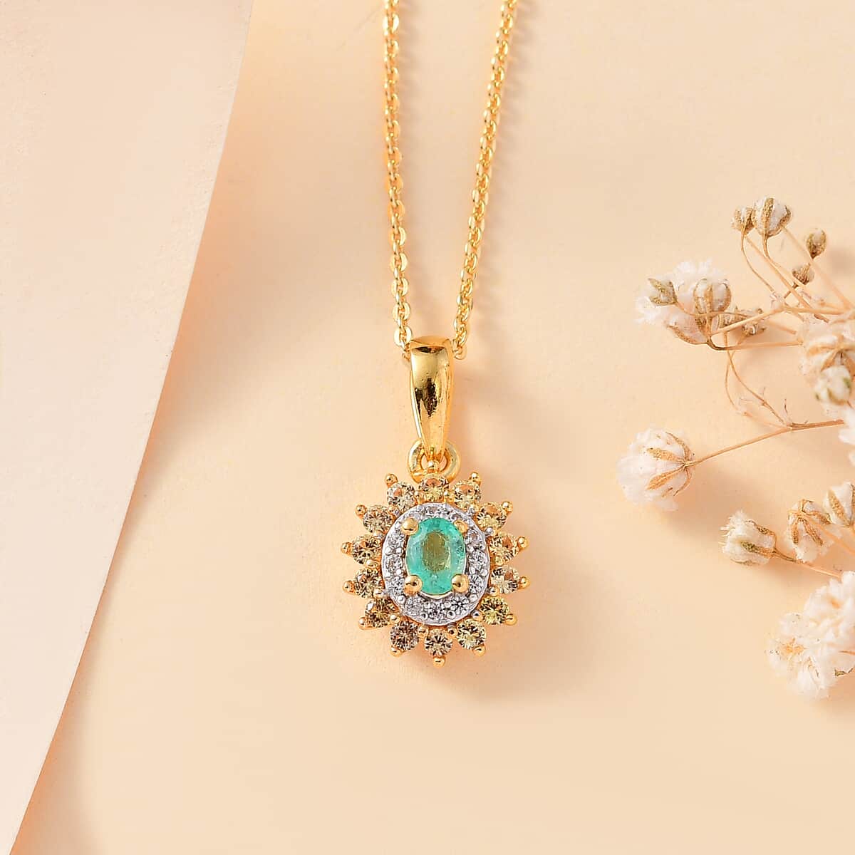 Boyaca Colombian Emerald and Multi Gemstone 0.70 ctw Heirloom Pendant Necklace in 18K Vermeil Yellow Gold Over Sterling Silver 20 Inches image number 1