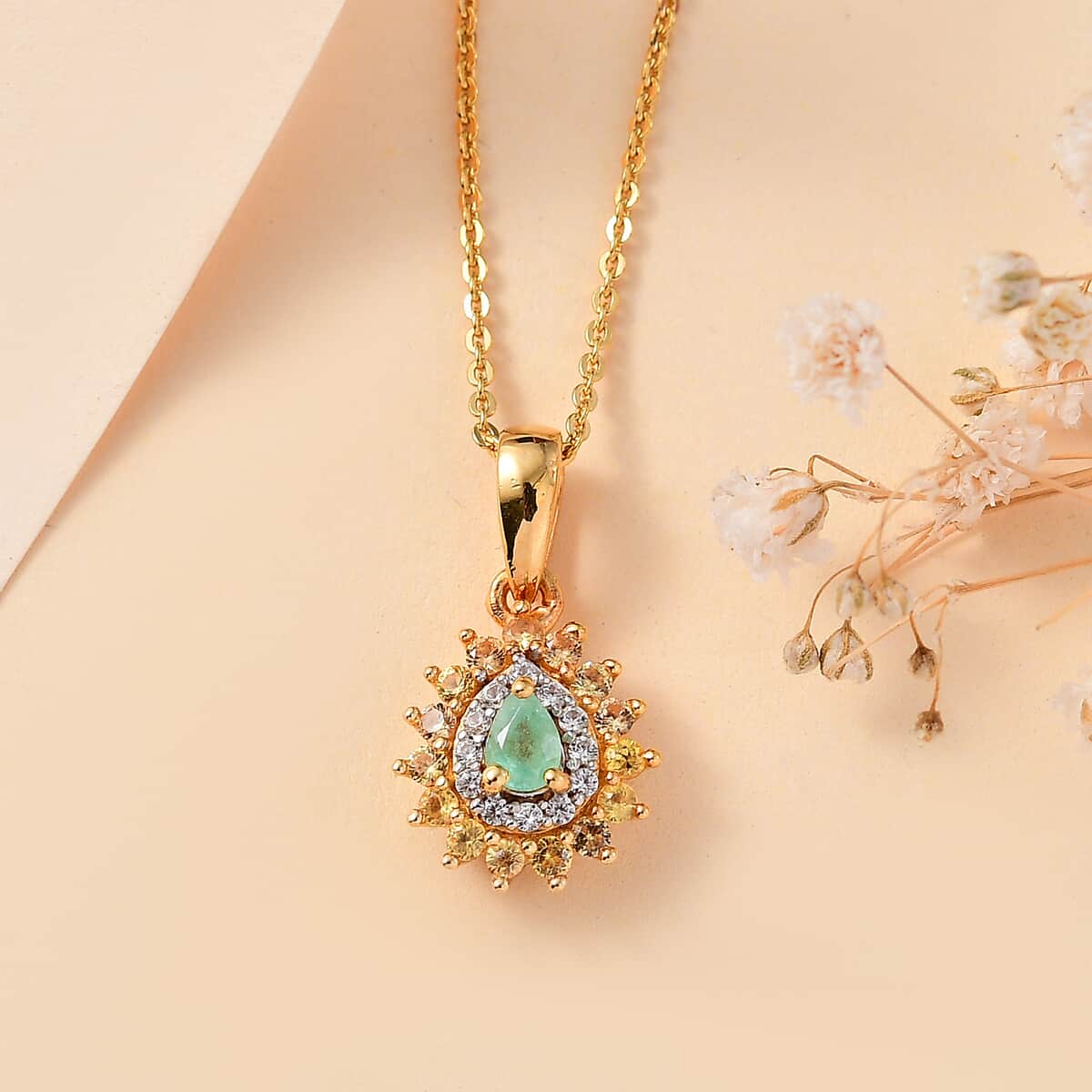 Boyaca Colombian Emerald and Multi Gemstone 0.70 ctw Heirloom Pendant Necklace in 18K Vermeil Yellow Gold Over Sterling Silver 20 Inches  image number 1