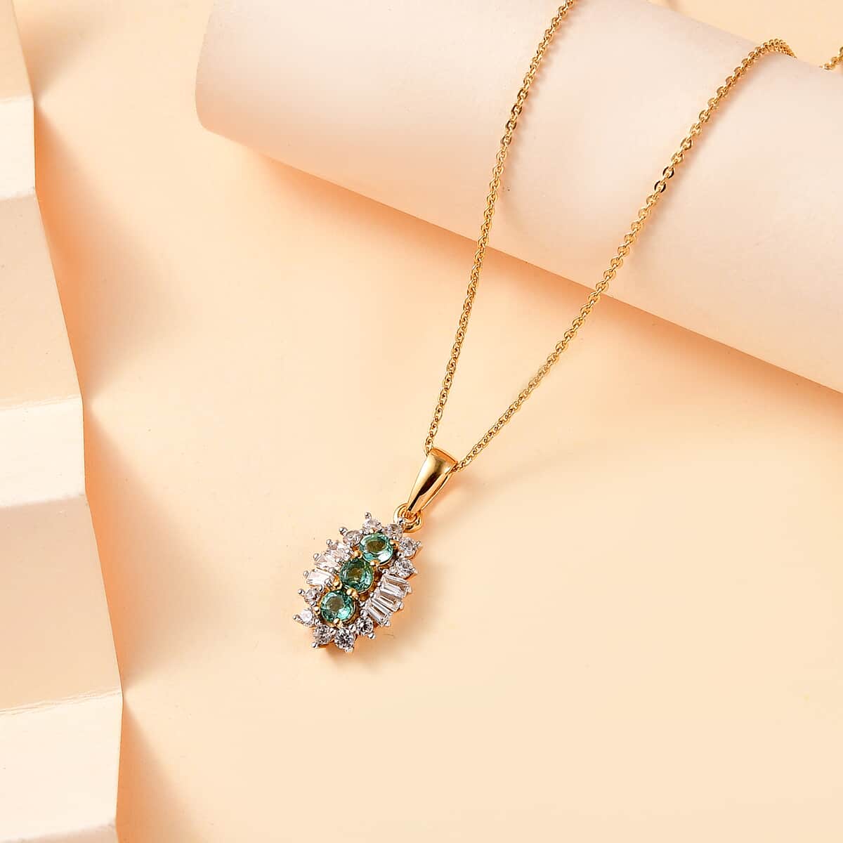 Boyaca Colombian Emerald and White Zircon 1.00 ctw Trifecta Brilliance Pendant Necklace in 18K Vermeil Yellow Gold Over Sterling Silver 20 Inches image number 1