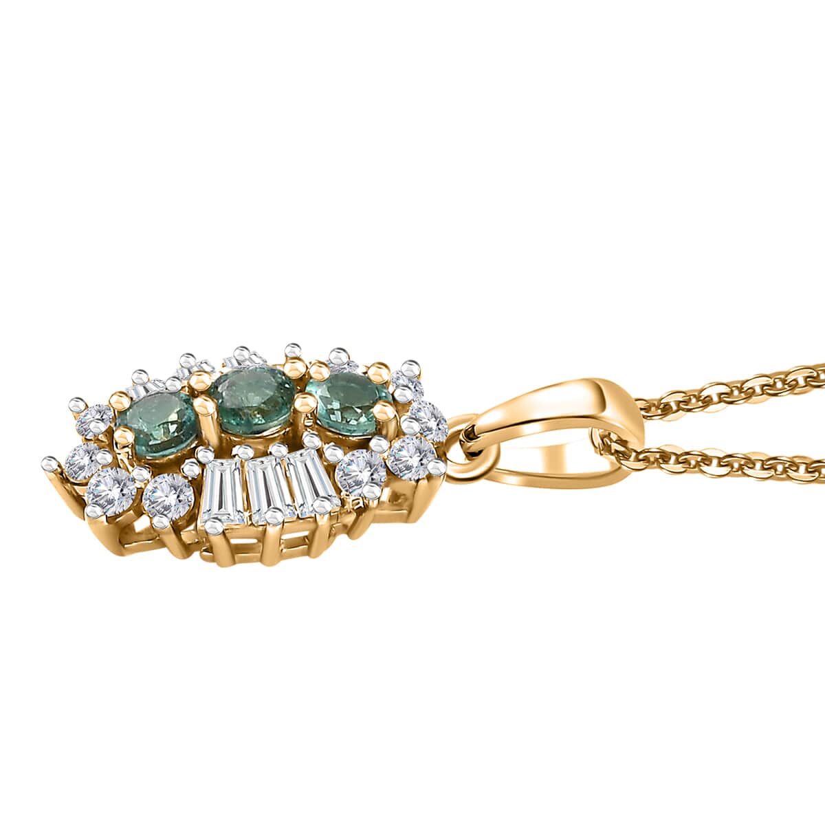 Boyaca Colombian Emerald and White Zircon 1.00 ctw Trifecta Brilliance Pendant Necklace in 18K Vermeil Yellow Gold Over Sterling Silver 20 Inches image number 3