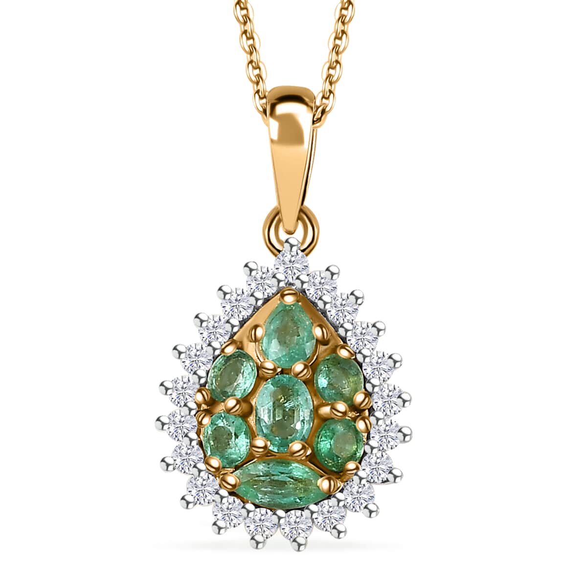 Premium Boyaca Colombian Emerald and White Zircon 1.20 ctw Green Lake Trek Pendant Necklace in 18K Vermeil Yellow Gold Over Sterling Silver 20 Inches image number 0