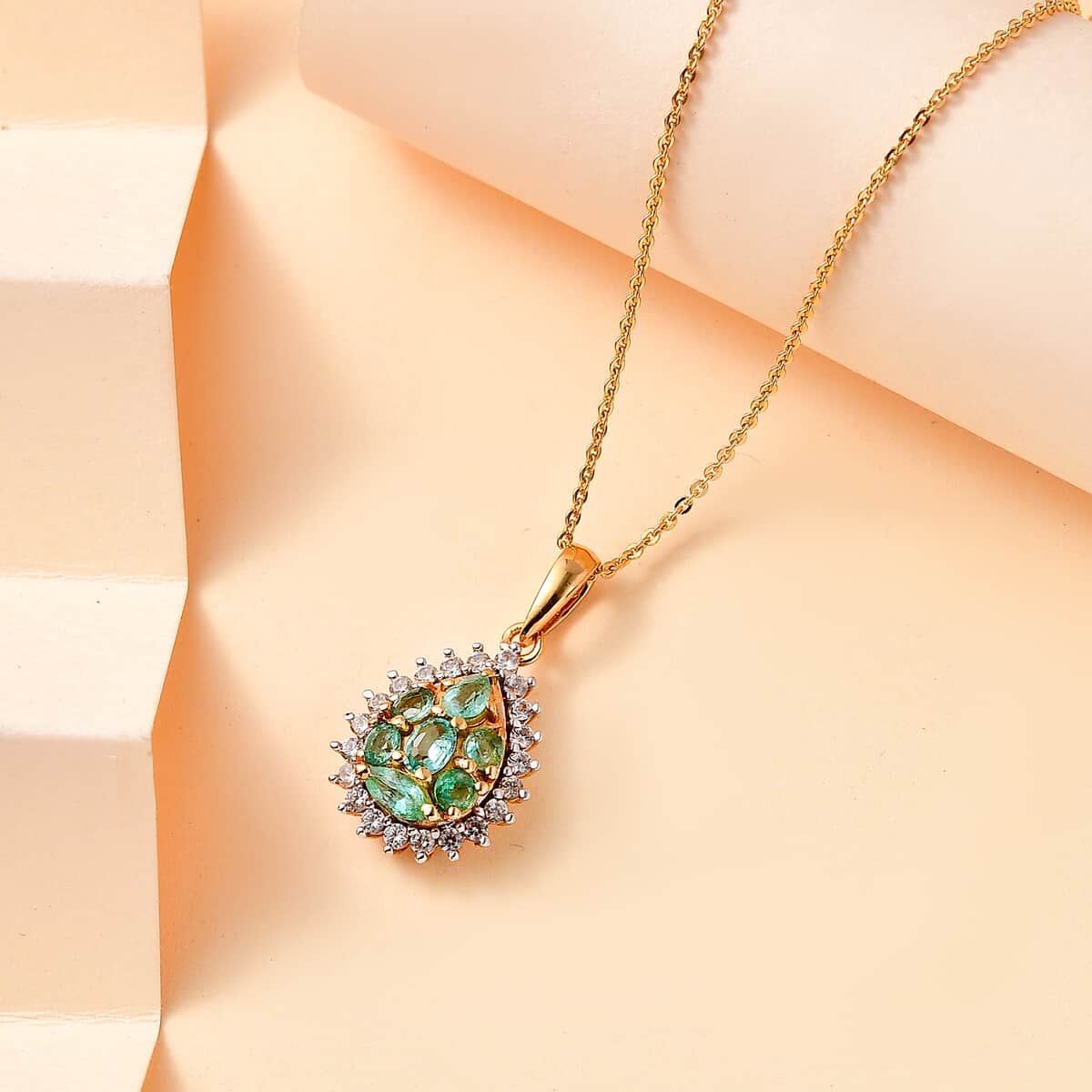 Premium Boyaca Colombian Emerald and White Zircon 1.20 ctw Green Lake Trek Pendant Necklace in 18K Vermeil Yellow Gold Over Sterling Silver 20 Inches image number 1