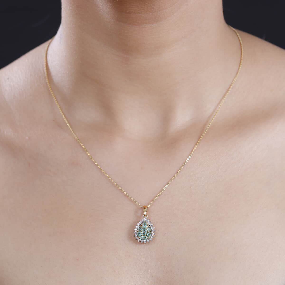 Premium Boyaca Colombian Emerald and White Zircon 1.20 ctw Green Lake Trek Pendant Necklace in 18K Vermeil Yellow Gold Over Sterling Silver 20 Inches image number 2