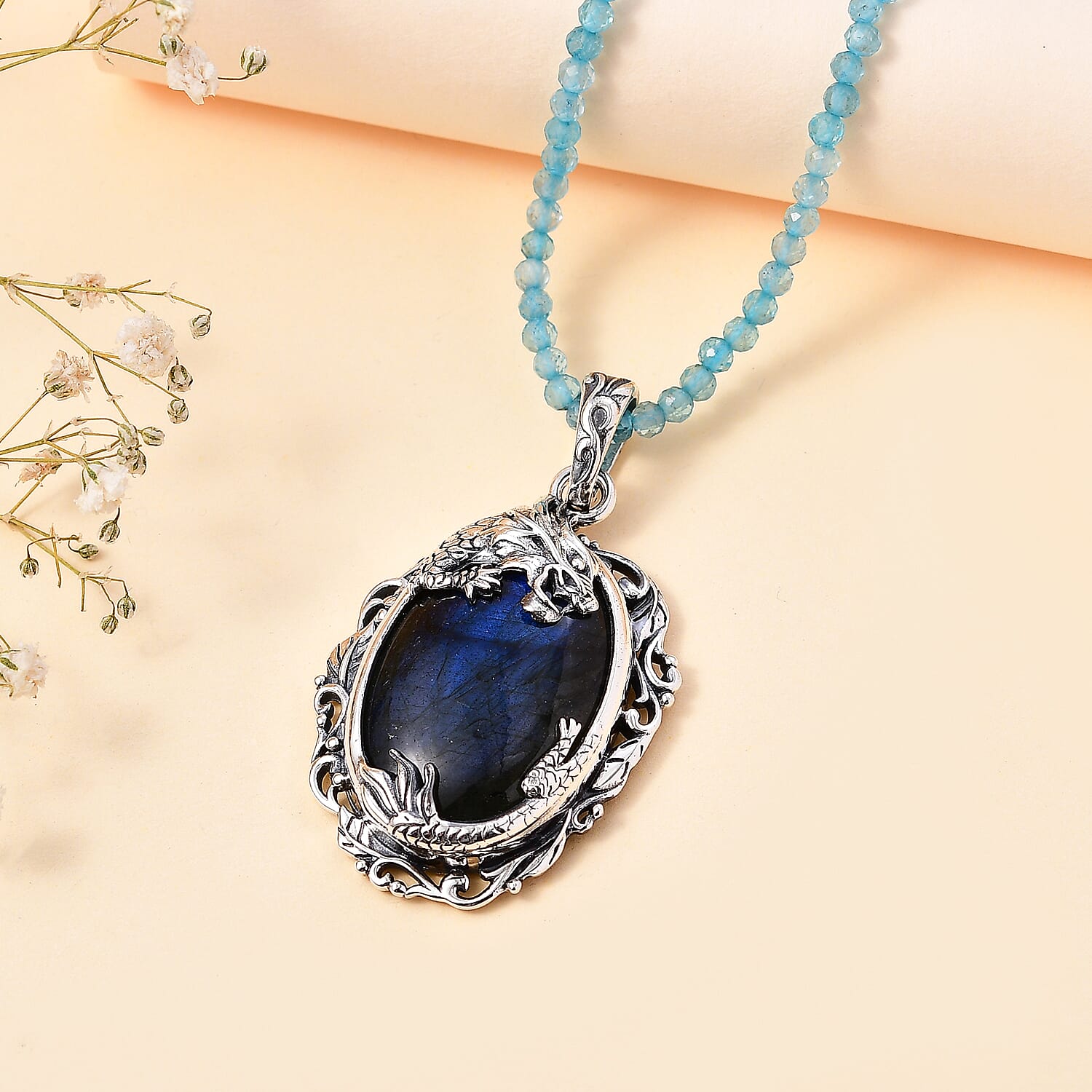 Malagasy Labradorite Pendant with Apatite Beaded Necklace 106.00 ctw in Rhodium Over Sterling Silver 20 Inches