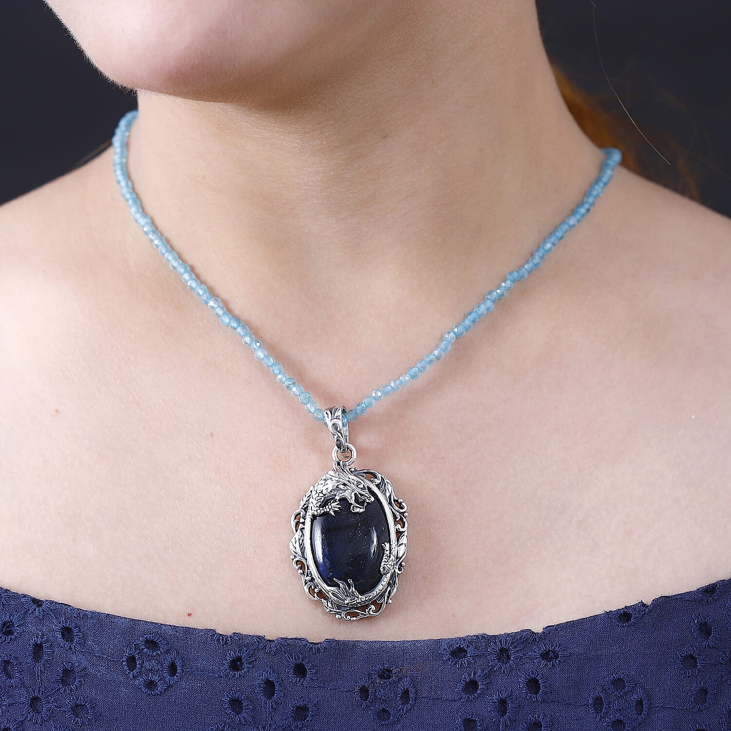 Malagasy Labradorite Pendant with Apatite Beaded Necklace 106.00 ctw in Rhodium Over Sterling Silver 20 Inches