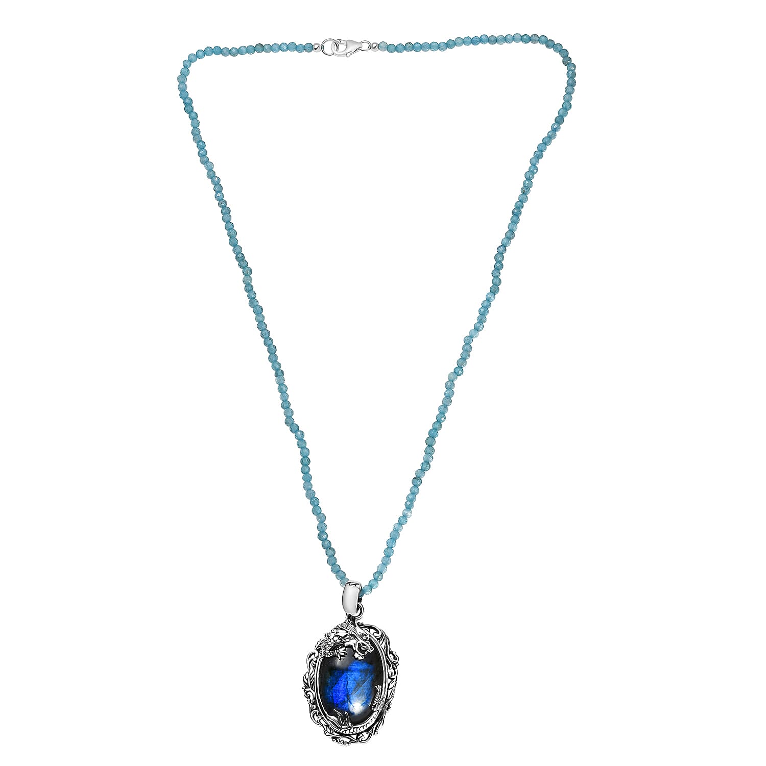 Malagasy Labradorite Pendant with Apatite Beaded Necklace 106.00 ctw in Rhodium Over Sterling Silver 20 Inches