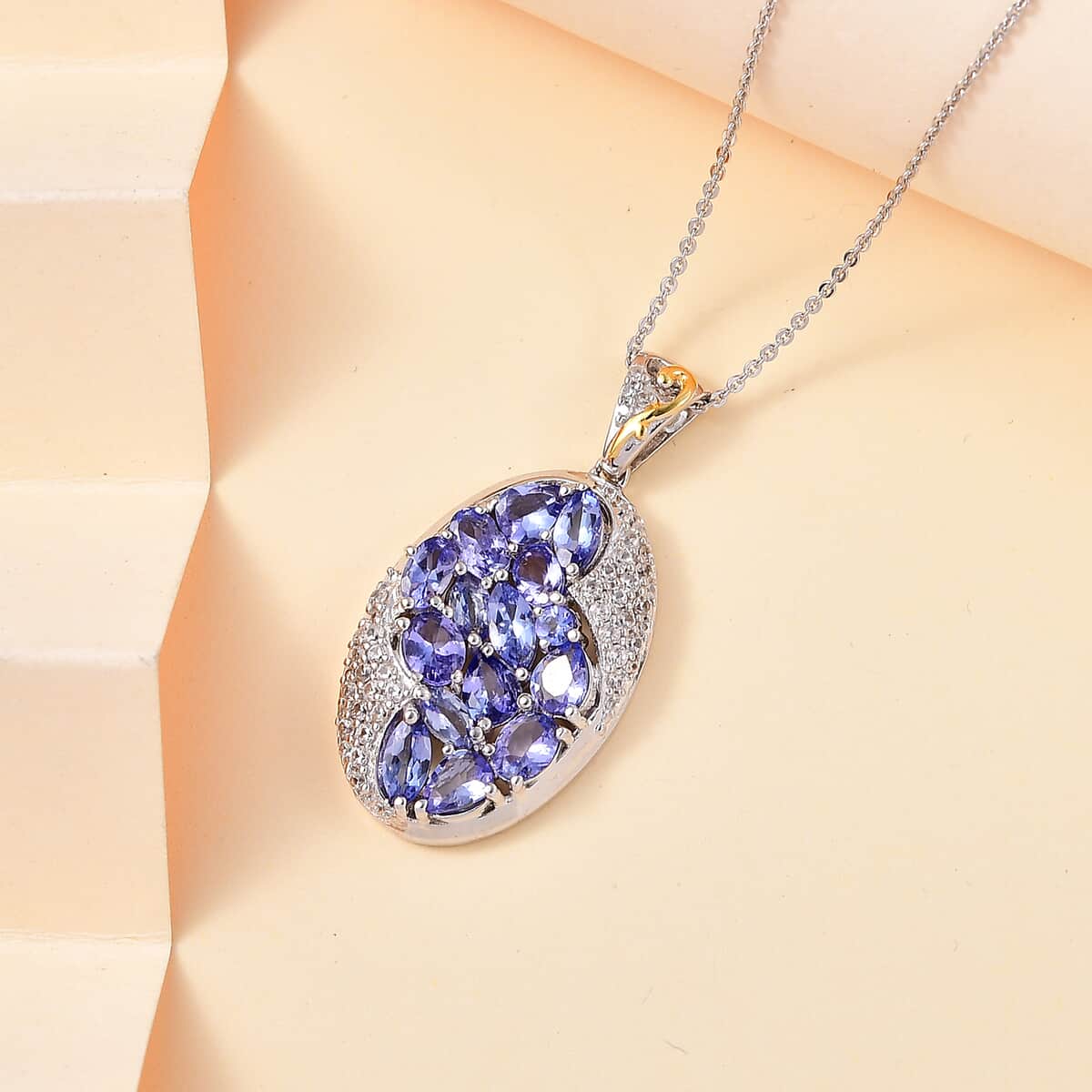 Tanzanite and White Zircon 3.90 ctw Leaves Pendant Necklace in 18K Vermeil YG and Rhodium Over Sterling Silver 20 Inches image number 1