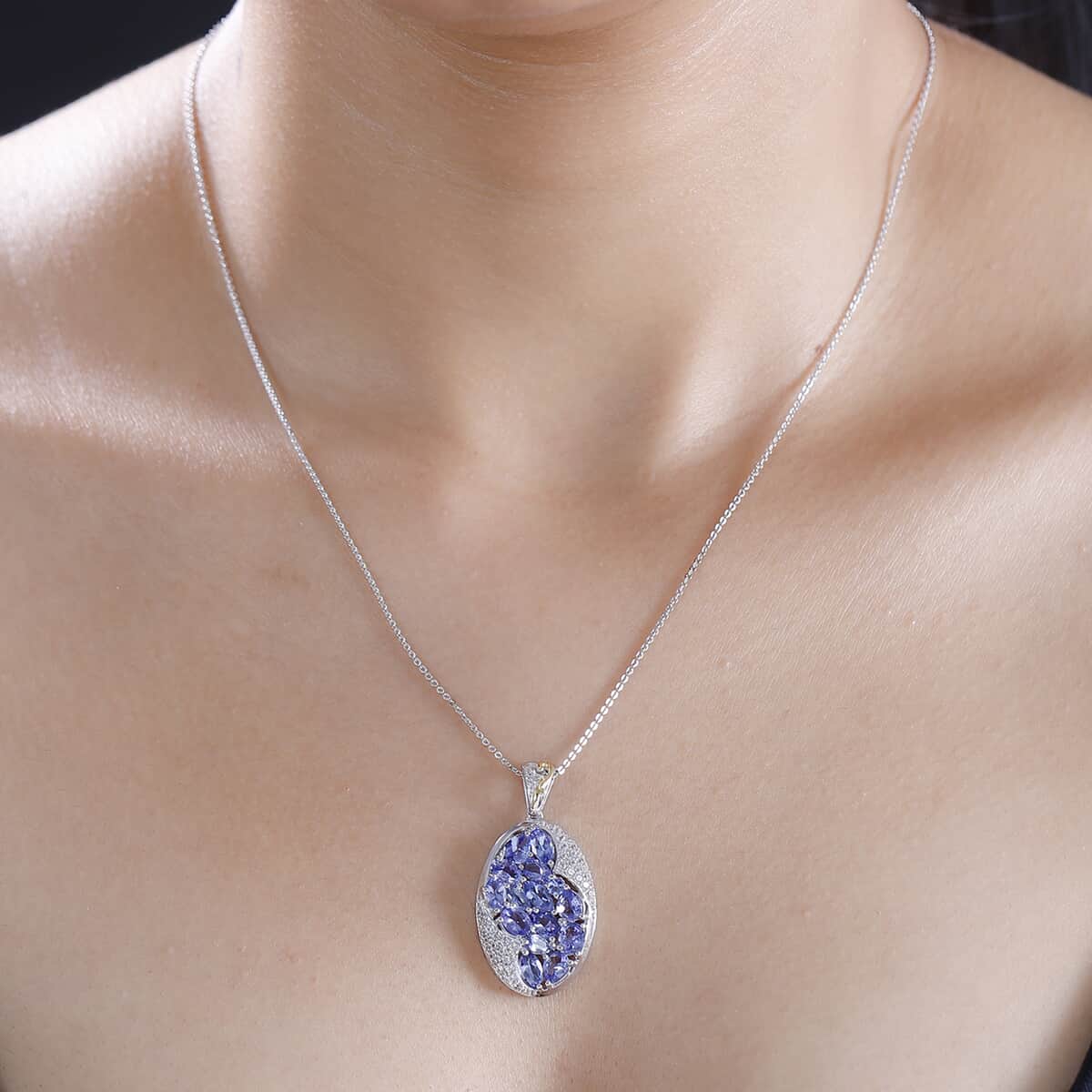 Tanzanite and White Zircon 3.90 ctw Leaves Pendant Necklace in 18K Vermeil YG and Rhodium Over Sterling Silver 20 Inches image number 2