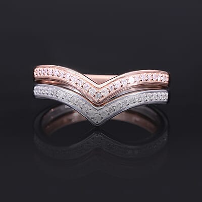 Natural Pink and White Diamond I3 0.50 ctw Set of 2 Wishbone Ring in Vermeil RG and Platinum Over Sterling Silver (Size 6)