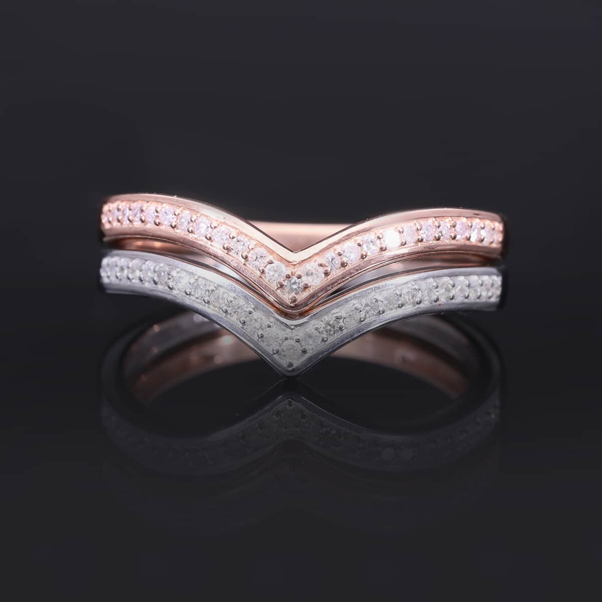 Natural Pink and White Diamond I3 0.50 ctw Set of 2 Wishbone Ring in Vermeil RG and Platinum Over Sterling Silver (Size 8) image number 1