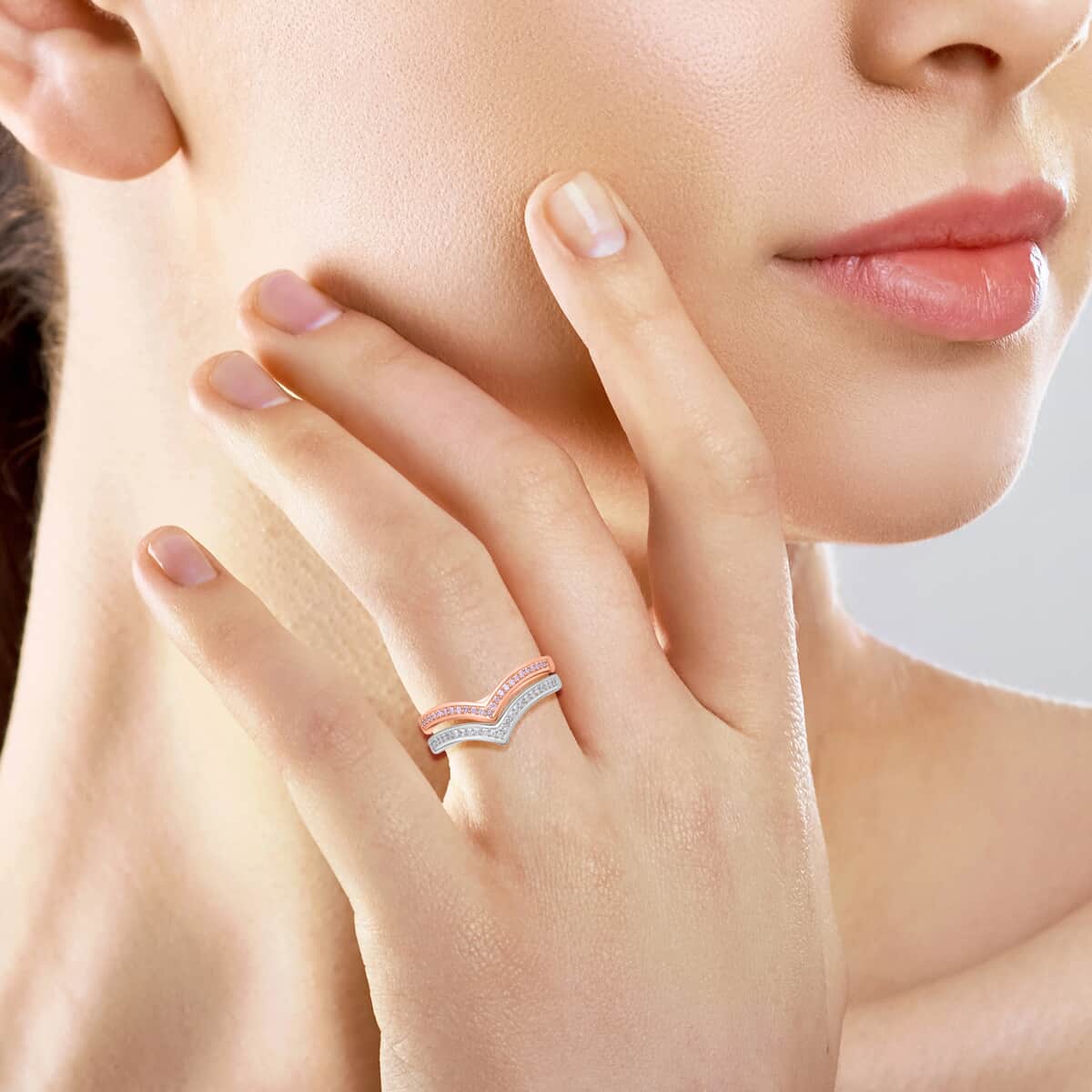 Natural Pink and White Diamond I3 0.50 ctw Set of 2 Wishbone Ring in Vermeil RG and Platinum Over Sterling Silver (Size 8) image number 2