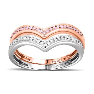 Natural Pink and White Diamond I3 0.50 ctw Set of 2 Wishbone Ring in Vermeil RG and Platinum Over Sterling Silver (Size 9)