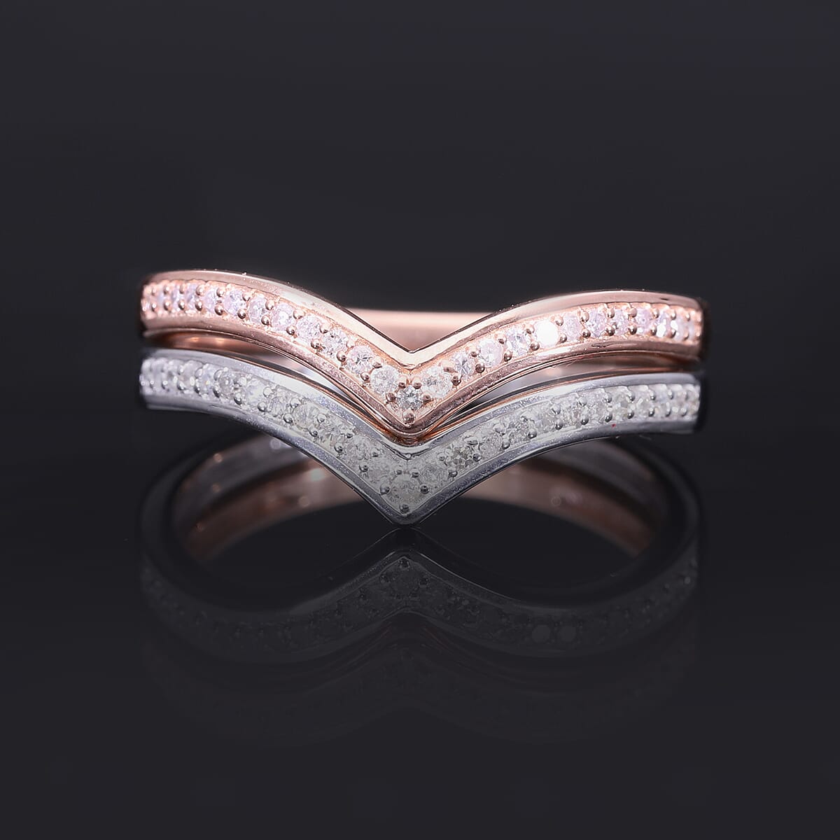 Natural Pink and White Diamond I3 0.50 ctw Set of 2 Wishbone Ring in Vermeil RG and Platinum Over Sterling Silver (Size 9) image number 1
