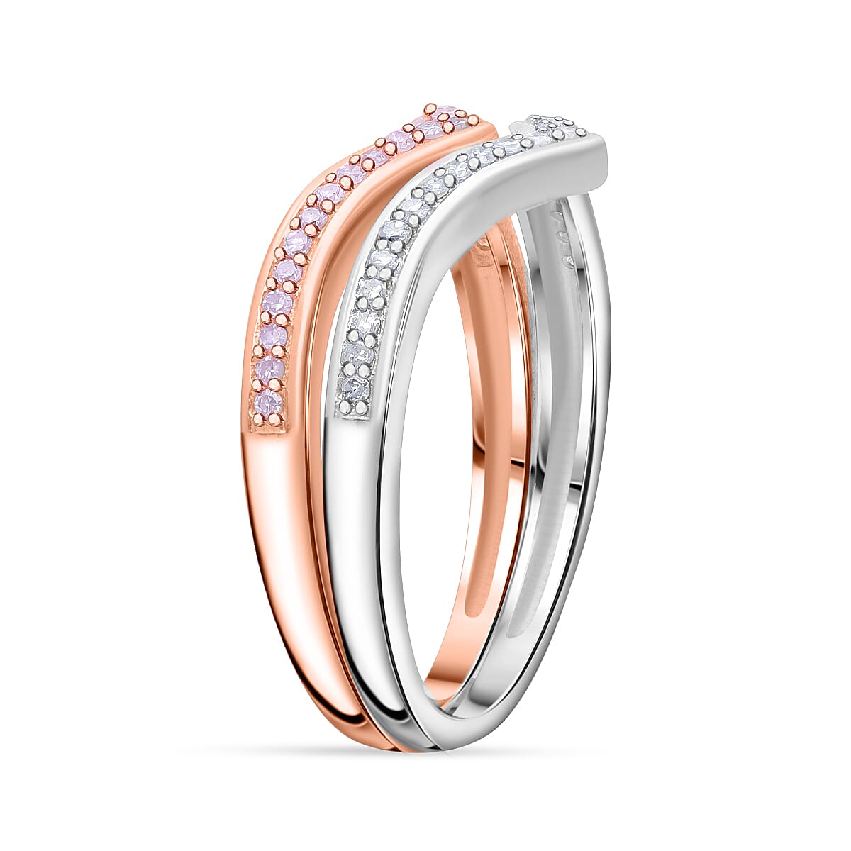 Natural Pink and White Diamond I3 0.50 ctw Set of 2 Wishbone Ring in Vermeil RG and Platinum Over Sterling Silver (Size 9) image number 3