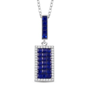Simulated White and Blue Diamond Pendant Necklace 20 Inches in Rodium Over Sterling Silver
