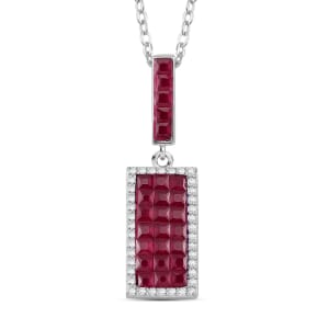 Simulated White and Ruby Color Diamond Pendant Necklace 20 Inches in Rodium Over Sterling Silver