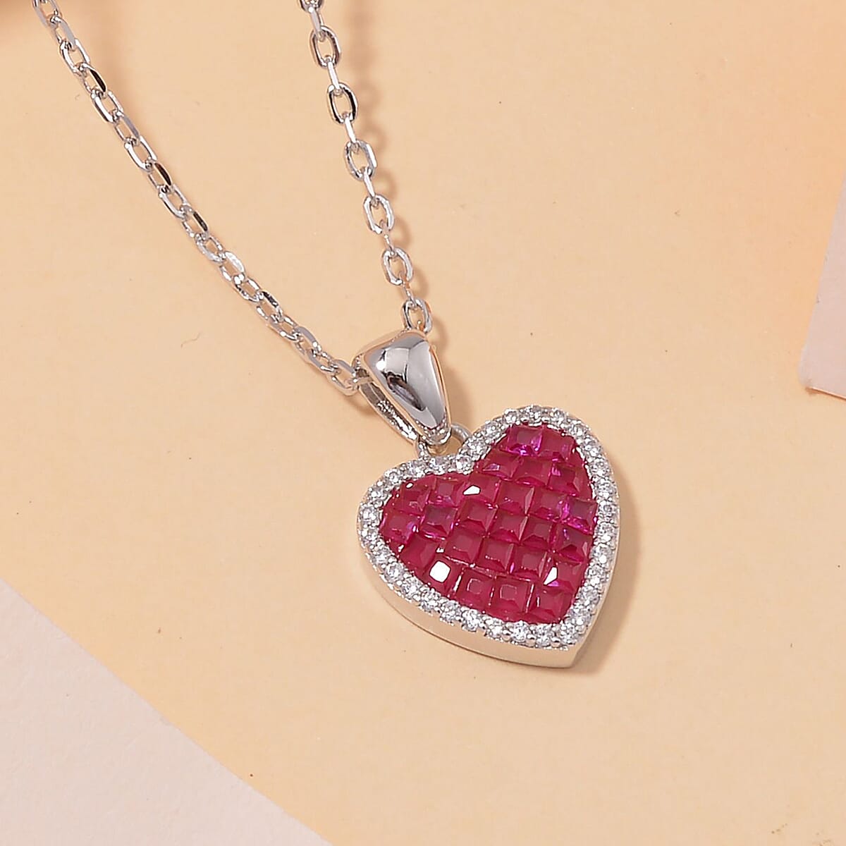 Simulated White and Red Color Diamond Heart Shape Pendant Necklace in Rhodium Over Sterling Silver (20 Inches) 0.90 ctw image number 1