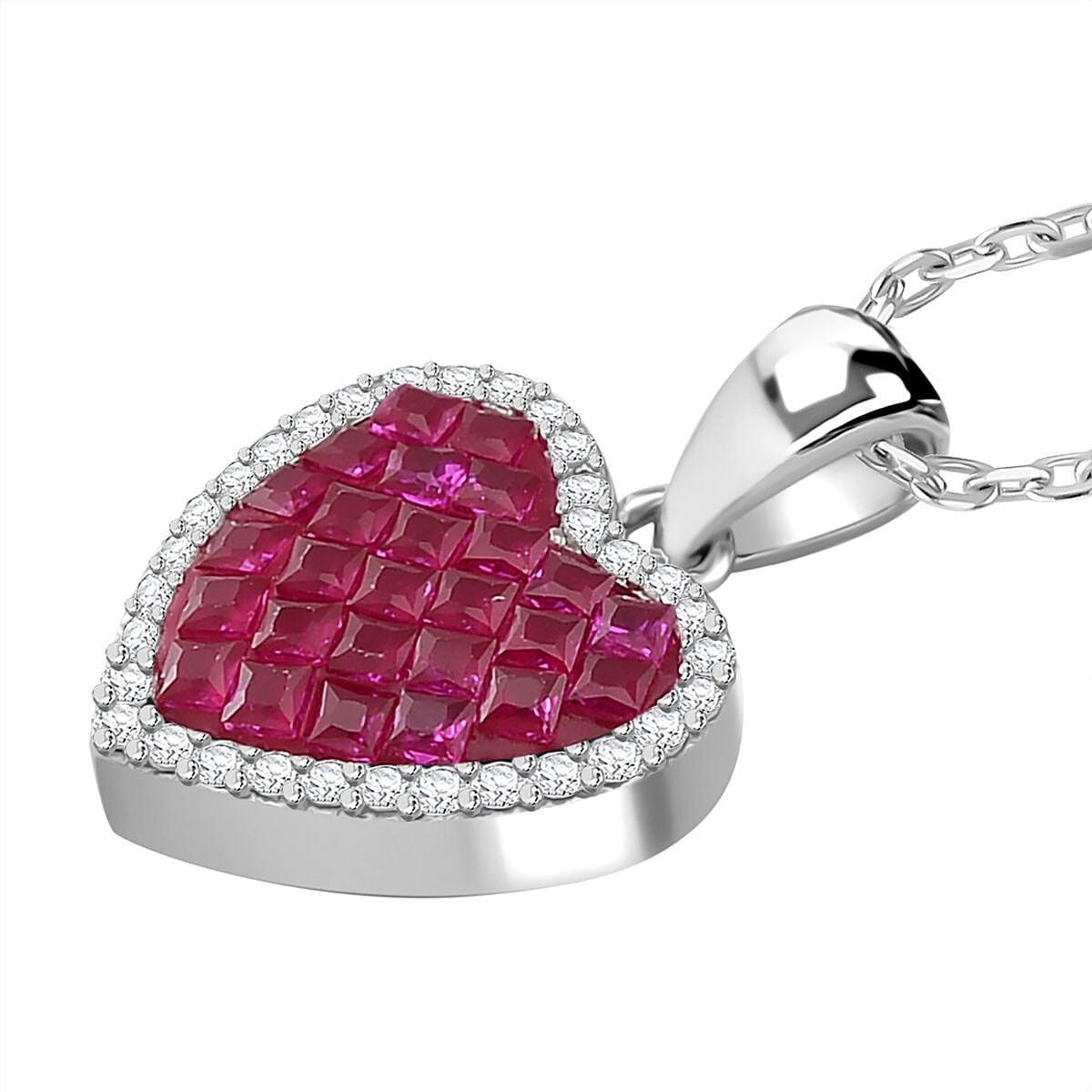 Simulated White and Red Color Diamond Heart Shape Pendant Necklace in Rhodium Over Sterling Silver (20 Inches) 0.90 ctw image number 3