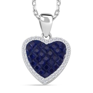 Simulated White and Blue Diamond Heart Pendant Necklace in Rhodium Over Sterling Silver 20 Inches
