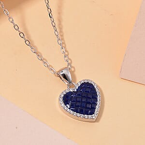 Simulated White and Blue Diamond Heart Pendant Necklace in Rhodium Over Sterling Silver 20 Inches