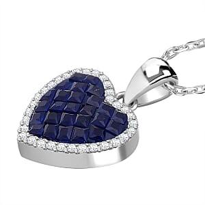 Simulated White and Blue Diamond Heart Pendant Necklace in Rhodium Over Sterling Silver 20 Inches