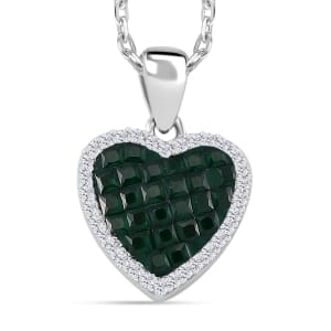 Simulated White and Green Diamond Heart Pendant Necklace in Rhodium Over Sterling Silver 20 Inches