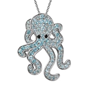 Betroka Blue Apatite and Thai Black Spinel 2.50 ctw Octopus Pendant Necklace in Rhodium Over Sterling Silver 20 Inches