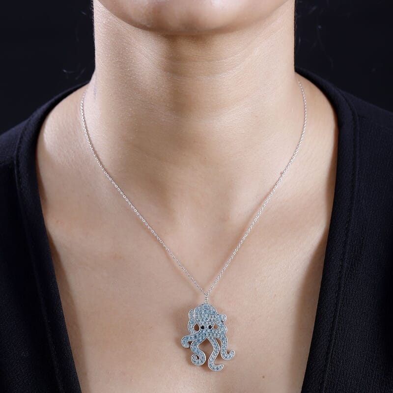 Betroka Blue Apatite and Thai Black Spinel 2.50 ctw Octopus Pendant Necklace in Rhodium Over Sterling Silver 20 Inches