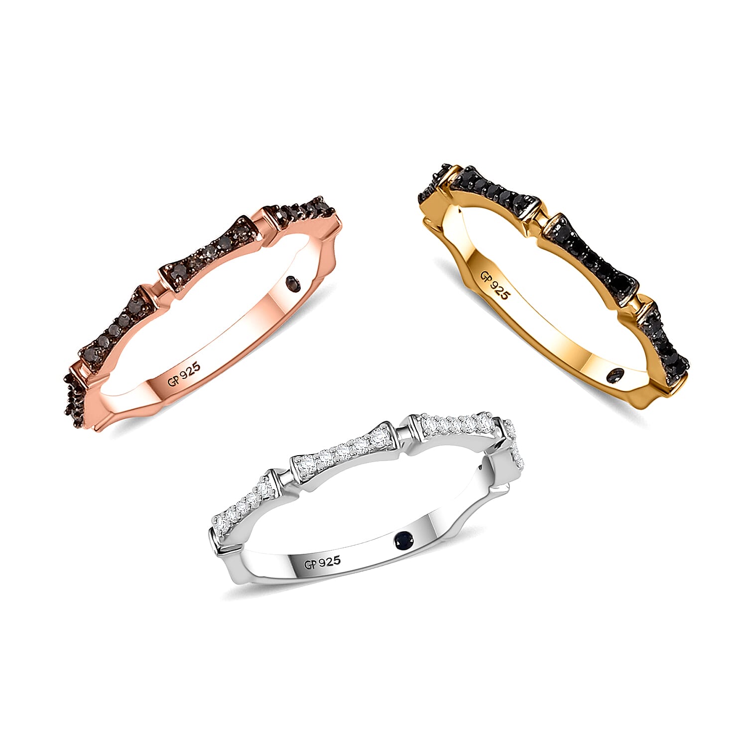 GP Italian Garden Collection Multi Diamond 0.50 ctw Set of 3 Stack Ring in 18K Vermeil YRG and Rhodium Over Sterling Silver (Size 6.0)