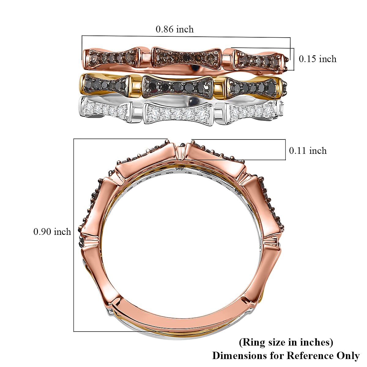 GP Italian Garden Collection Multi Diamond 0.50 ctw Set of 3 Stack Ring in 18K Vermeil YRG and Rhodium Over Sterling Silver (Size 6.0)