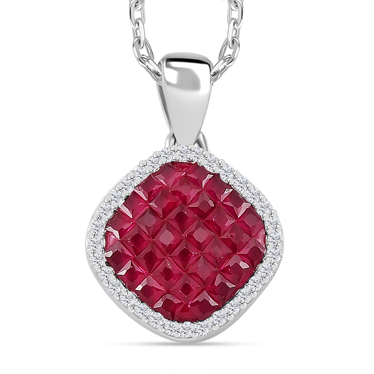 Simulated White and Ruby Color Diamond Mosaic Pendant Necklace (20 Inches) in Rodium Over Sterling Silver 2.30 ctw image number 0