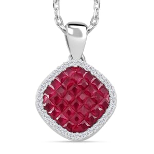 Simulated White and Ruby Color Diamond Mosaic Pendant Necklace in Rodium Over Sterling Silver 20 Inches