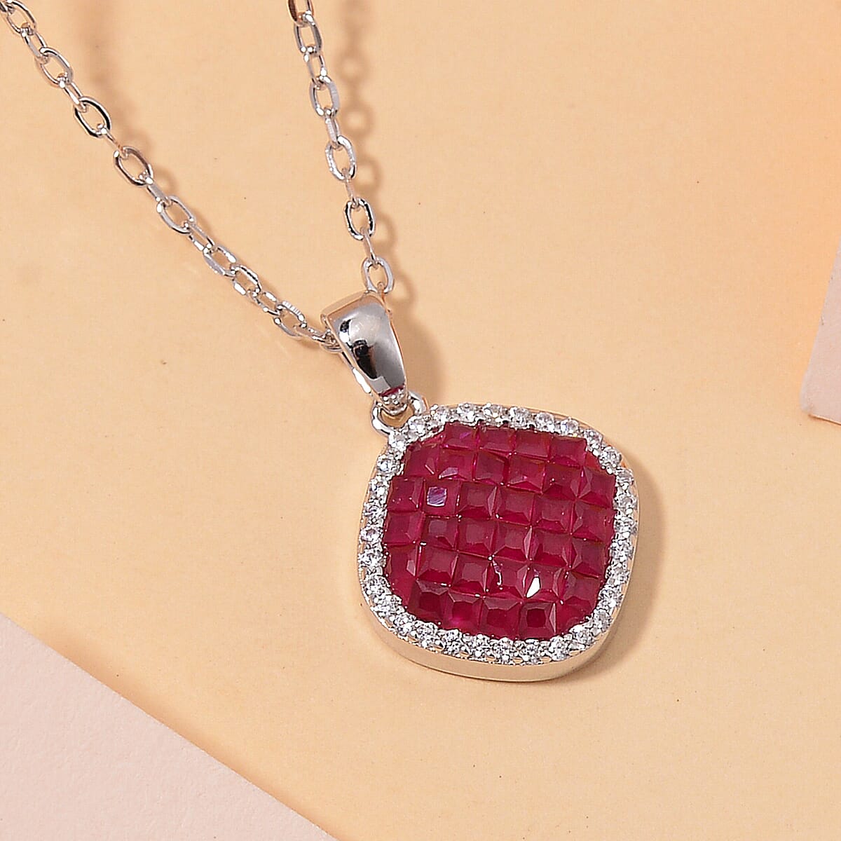 Simulated White and Ruby Color Diamond Mosaic Pendant Necklace (20 Inches) in Rodium Over Sterling Silver 2.30 ctw image number 1