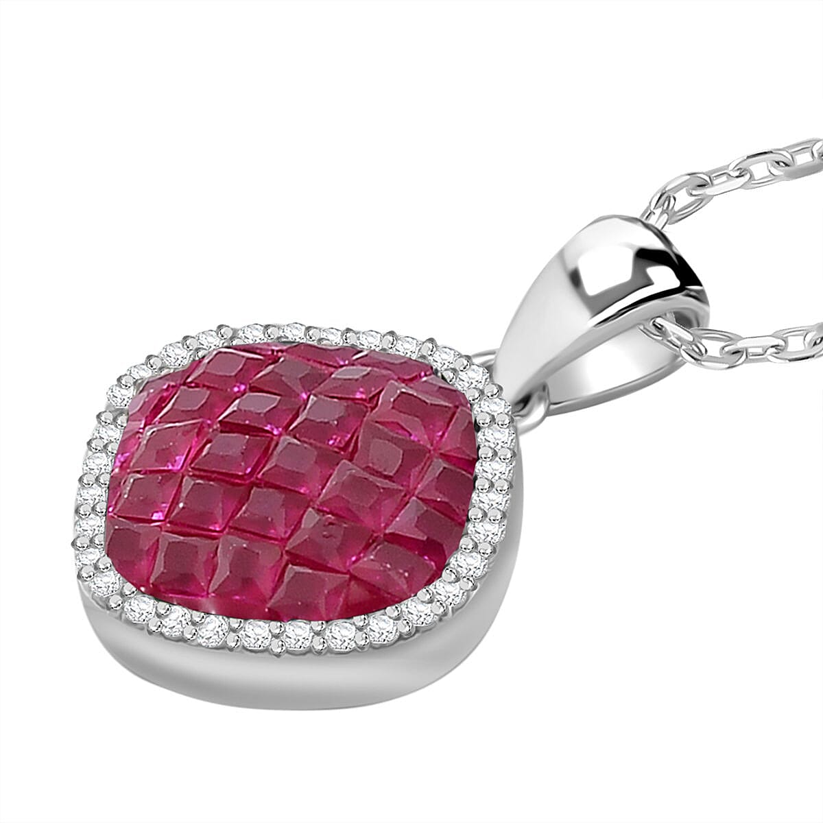 Simulated White and Ruby Color Diamond Mosaic Pendant Necklace (20 Inches) in Rodium Over Sterling Silver 2.30 ctw image number 3