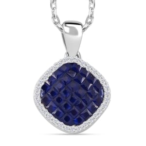 Simulated White and Ruby Color Diamond Mosaic Pendant Necklace in Rodium Over Sterling Silver 20 Inches