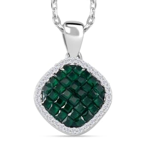Simulated White and Ruby Color Diamond Mosaic Pendant Necklace in Rodium Over Sterling Silver 20 Inches