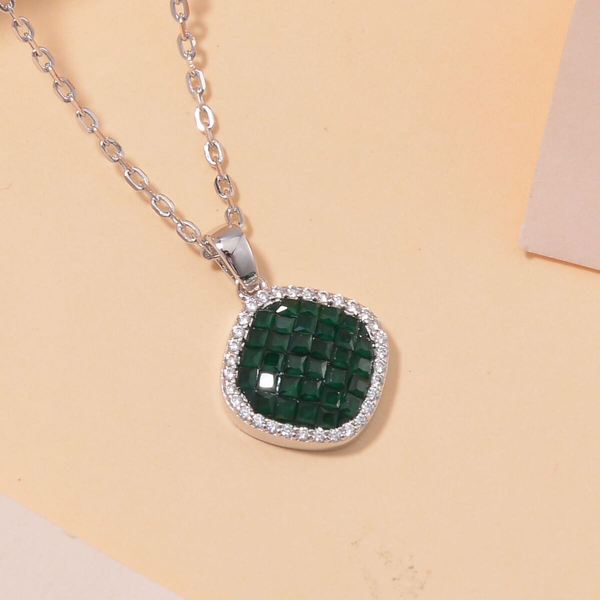 Simulated White and Green Diamond Mosaic Pendant Necklace in Rodium Over Sterling Silver 20 Inches image number 1