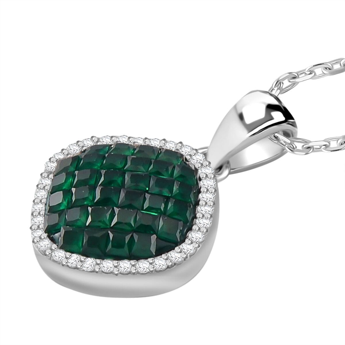 Simulated White and Green Diamond Mosaic Pendant Necklace in Rodium Over Sterling Silver 20 Inches image number 3